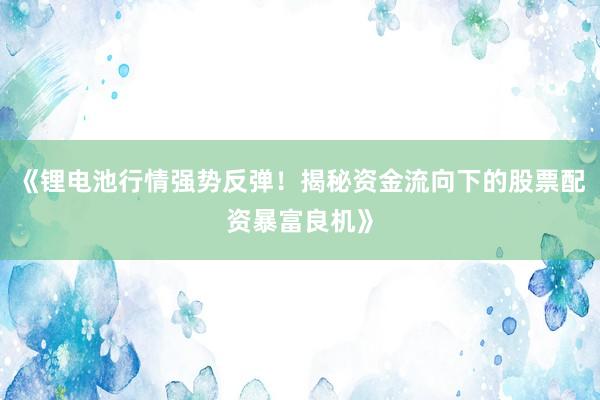 《锂电池行情强势反弹！揭秘资金流向下的股票配资暴富良机》