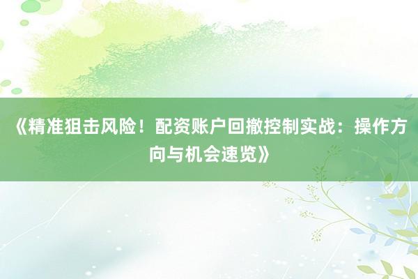 《精准狙击风险！配资账户回撤控制实战：操作方向与机会速览》